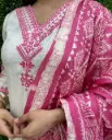 TrendNest_Vertigan Elegant Cotton Kurti Pant with Dupatta Set – Pink Embroidery Magic on White Canvas