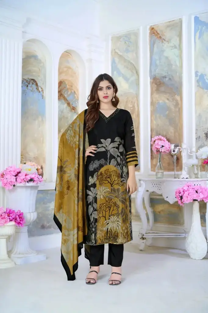 TrendNest_Chino Kurti Pant with Dupatta (Digital Print Edition) – Regal in Black & Gold 🖤