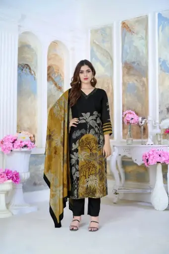 TrendNest_Chino Kurti Pant with Dupatta (Digital Print Edition) – Regal in Black & Gold 🖤