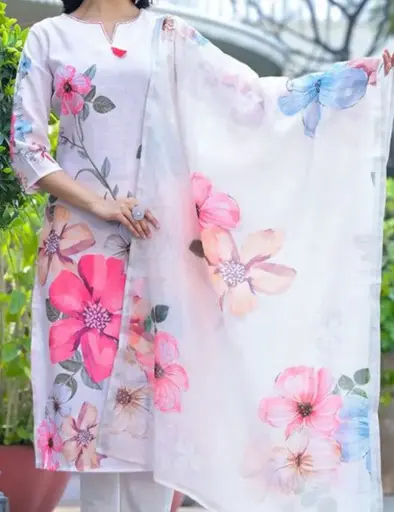 🌸 TrendNest Cotton Digital Print Kurti Pant with Dupatta – Floral Charm in Every Thread
