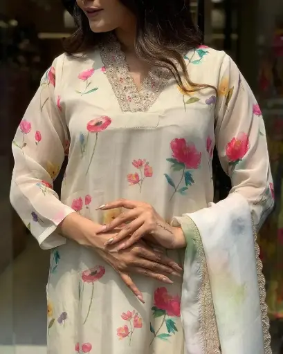 TrendNest_Teby Silk Kurti Pant with Dupatta for Women – Digital Print | Golden Neck Work