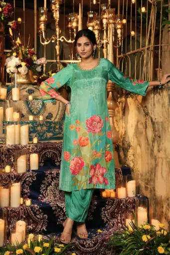 TrendNest_Muslin Kurti Pant Set – Digital Floral Print with Golden Neck Detailing